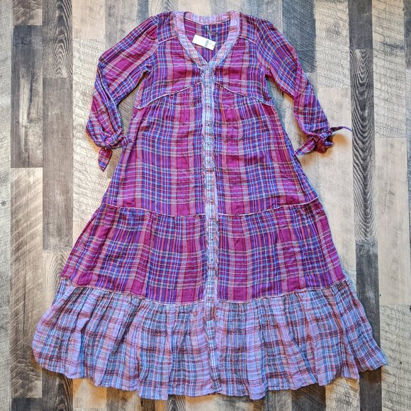 Anthropologie Tiered Plaid Maxi Dress Cotton Purple Pink - Picture 2 of 7